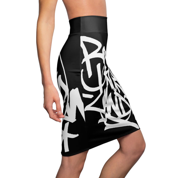 Graffiti Script Pencil Skirt — Black & White Streetwear Print